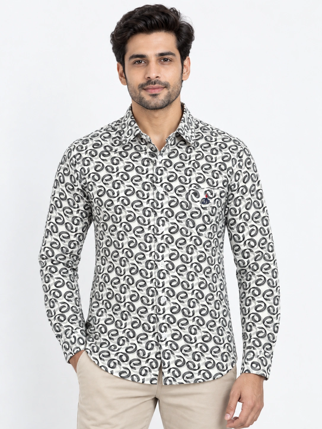 Leaders Point Charcoal Olive Paisley Laffer Print Full Sleeve Shirt Front